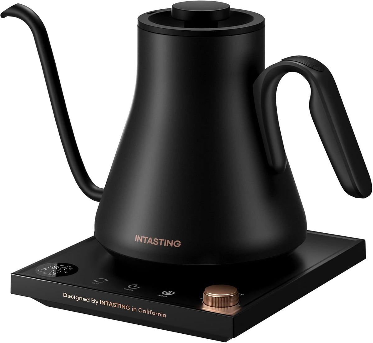 Green electric kettle with wooden handle on a black base, featuring the brand 'INTASTING'.
