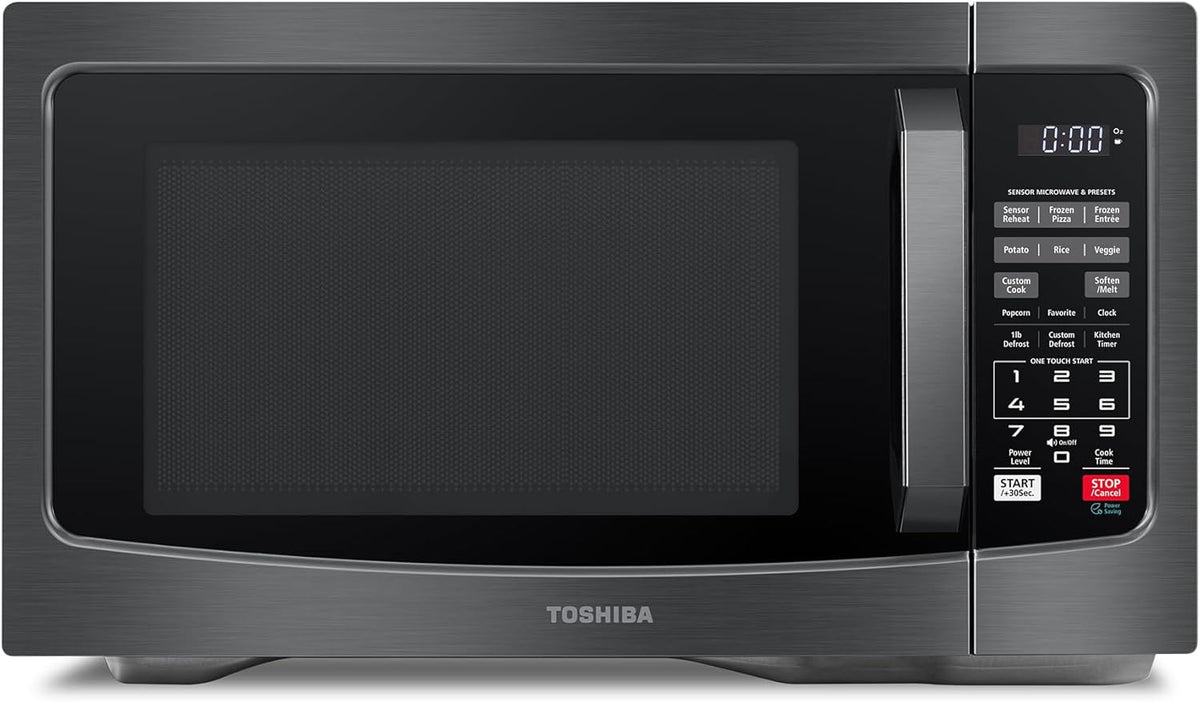 Black TOSHIBA countertop microwave with a wide door window, vertical handle, digital display and right-side keypad.
