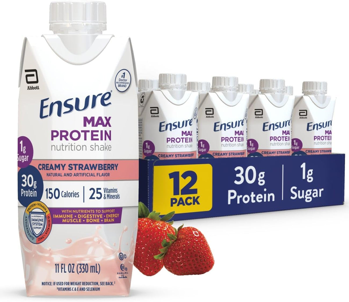 Ensure Max Protein Creamy Strawberry Shake, 30g Protein, 1g Sugar (12 Pack)