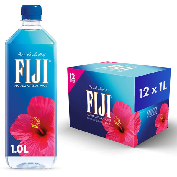 FIJI water bottle and packaging with pink flowers on a white background