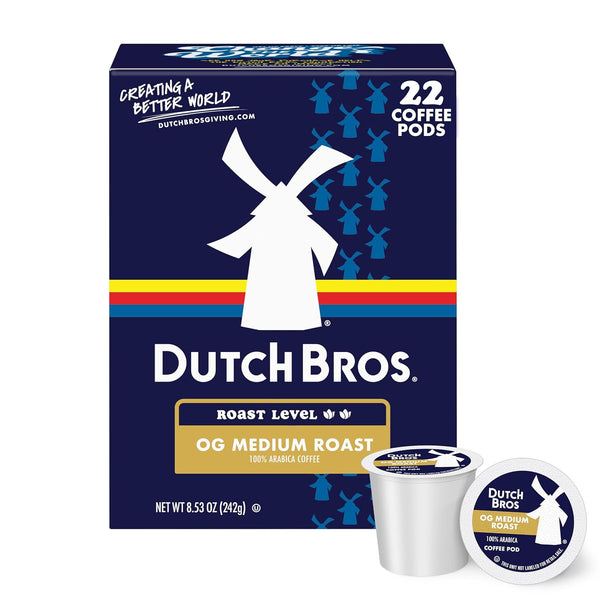 “Dutch Bros OG Medium Roast 22-count coffee pod box with white windmill logo and two single-serve pods in front.”