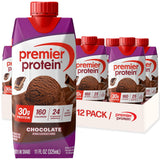 Premier Protein chocolate protein shake packaging with a 12-pack box in the background.