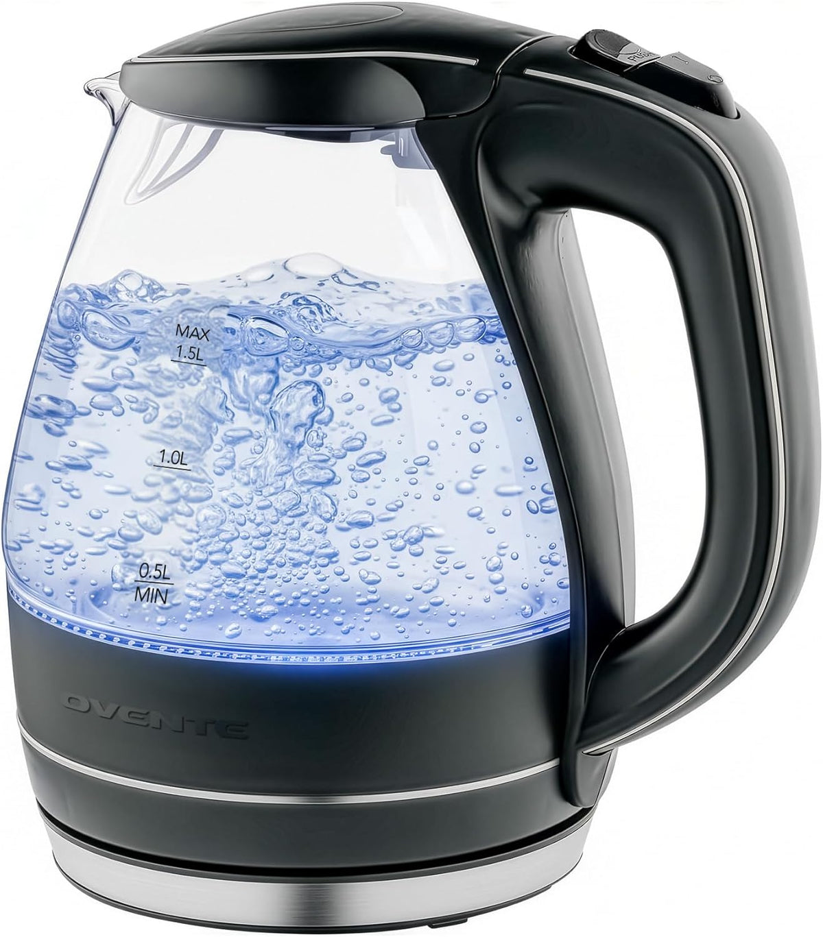 Glass electric kettle with black handle and base, filled with water, on a white background.
