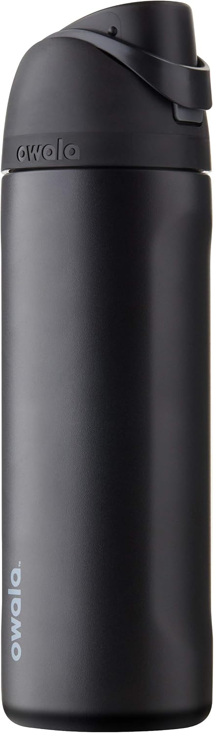 Owala FreeSip 24 oz stainless steel water bottle in Very, Very Dark with a black lid and carry loop.