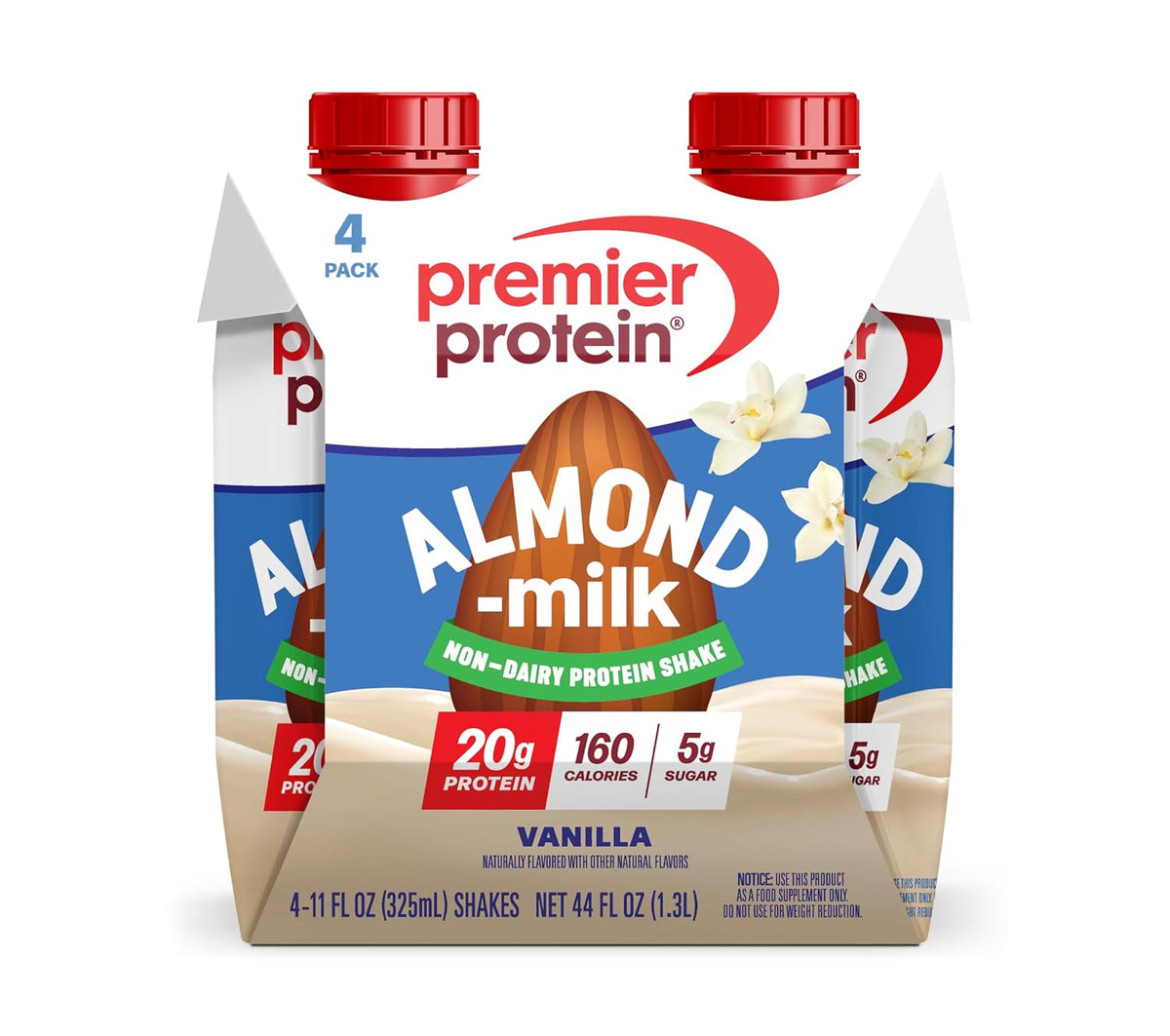 A 4-pack of Premier Protein Almond Milk non-dairy protein shake cartons in vanilla flavor, featuring red caps and blue and white packaging with an almond graphic.