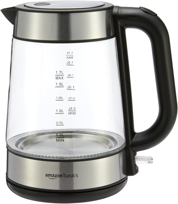 Glass electric kettle with black handle and stainless steel base on a white background