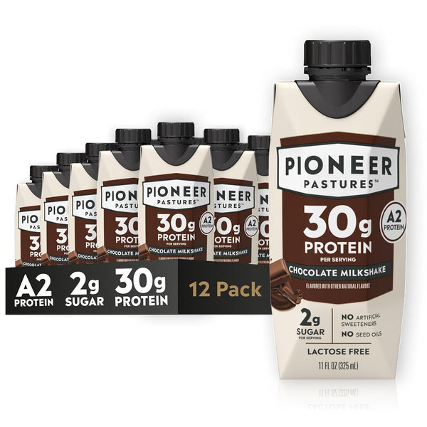 Pioneer Pastures protein milkshake cartons on a white background