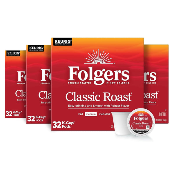 Four 32-count boxes of Folgers Classic Roast medium roast K-Cup coffee pods with two pods in front, 128 count total.