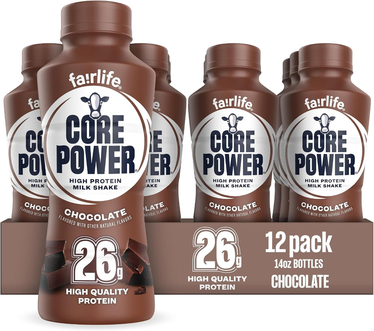 A 12-pack display of Fairlife Core Power Chocolate High Protein Milk Shake bottles in a brown cardboard tray against a white background.