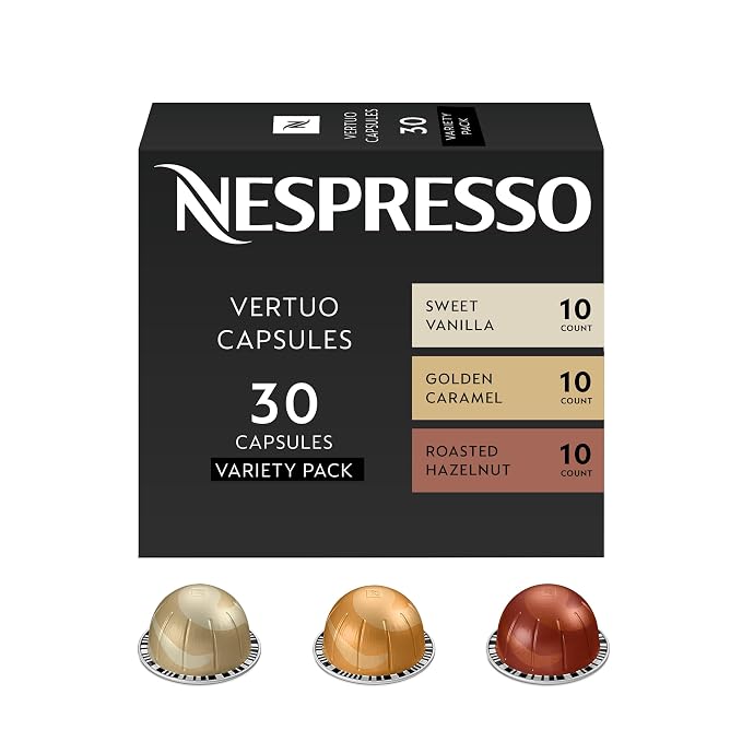 Nespresso Vertuo Barista flavored pack, 30 medium roast coffee pods in caramel, roasted hazelnut and sweet vanilla