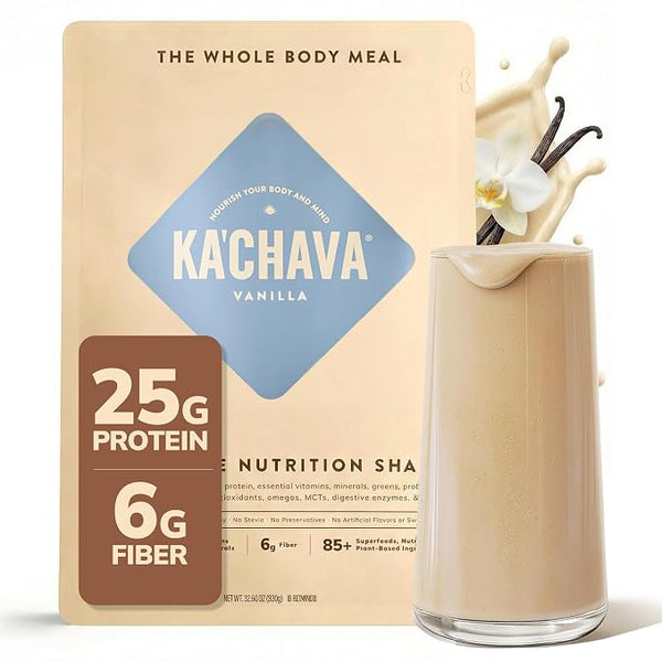 Kachava Vanilla protein nutrition shake pouch shown with a glass of creamy vanilla shake and vanilla bean and flower props on a white background.