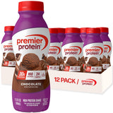 A 12-pack of Premier Protein Chocolate flavor high protein shake bottles in a clear display tray, with one bottle prominently featured in the foreground on a white background.