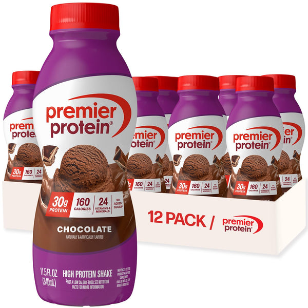 A 12-pack of Premier Protein Chocolate flavor high protein shake bottles in a clear display tray, with one bottle prominently featured in the foreground on a white background.