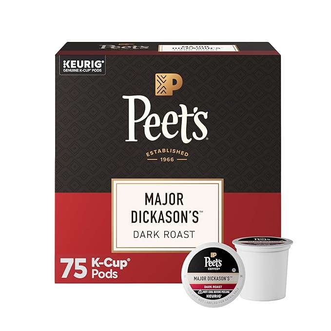 Peet's Major Dickason's dark roast coffee, black and red 75-count K-Cup pod box with two pods