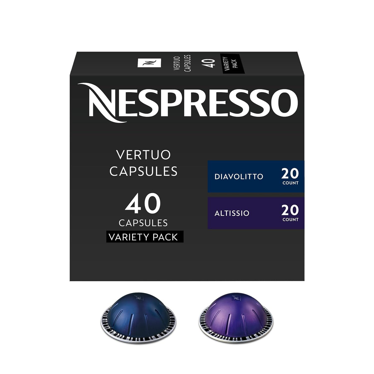 “Nespresso Vertuo 40-capsule variety pack with 20 Diavolitto and 20 Altissio capsules, blue and purple pods in front.”