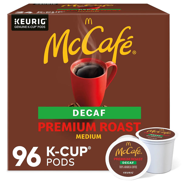  “Front view of McCafe Premium Roast Decaf K-Cup coffee pods, 96-count bundle”