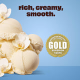 Ice cream with flowers and 'Gold Superior Taste' award on a blue background