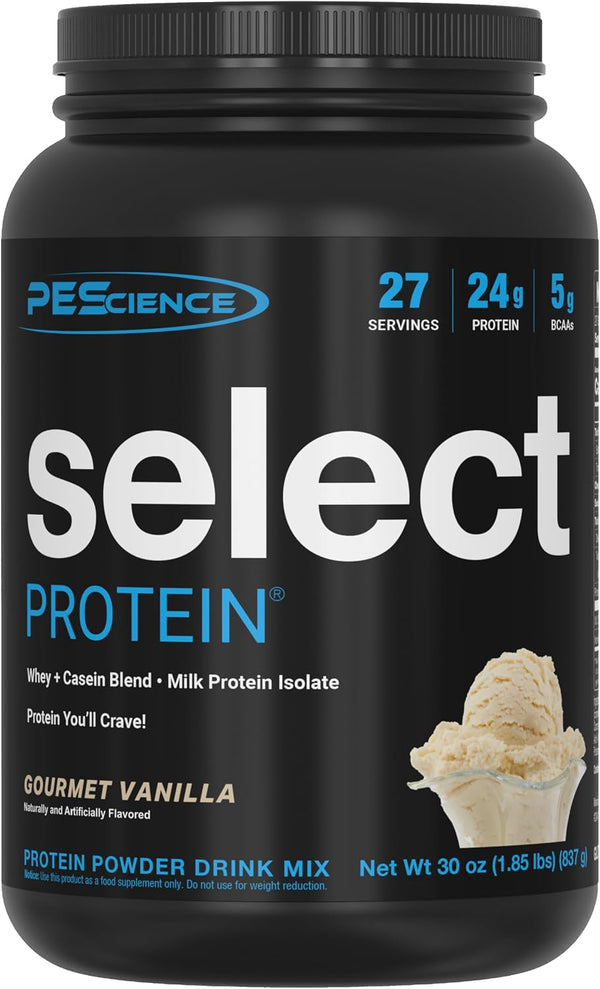 A 30 oz black tub of PEScience Select Protein Gourmet Vanilla flavor drink mix powder, featuring a black label with white and blue text and a vanilla ice cream scoop graphic.