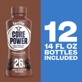 Fairlife Core Power chocolate milkshake bottle on a brown and blue background with text about quantity.