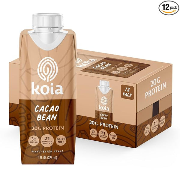 A 12-pack of Koia Cacao Bean protein powder drink pouches, with one pouch in front and a matching 12-pack box behind it on a white background.