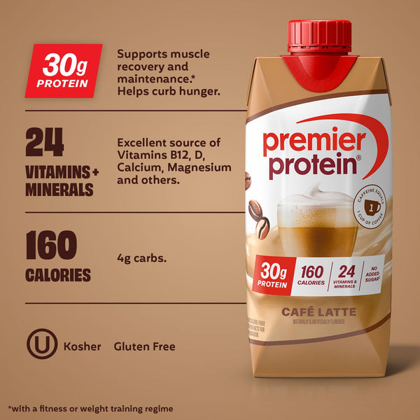 Premier Protein Cafe Latte packaging with nutritional information on a brown background