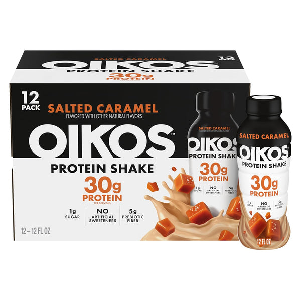 Oikos 30g salted caramel protein shake 12 fl oz shelf-stable bottle