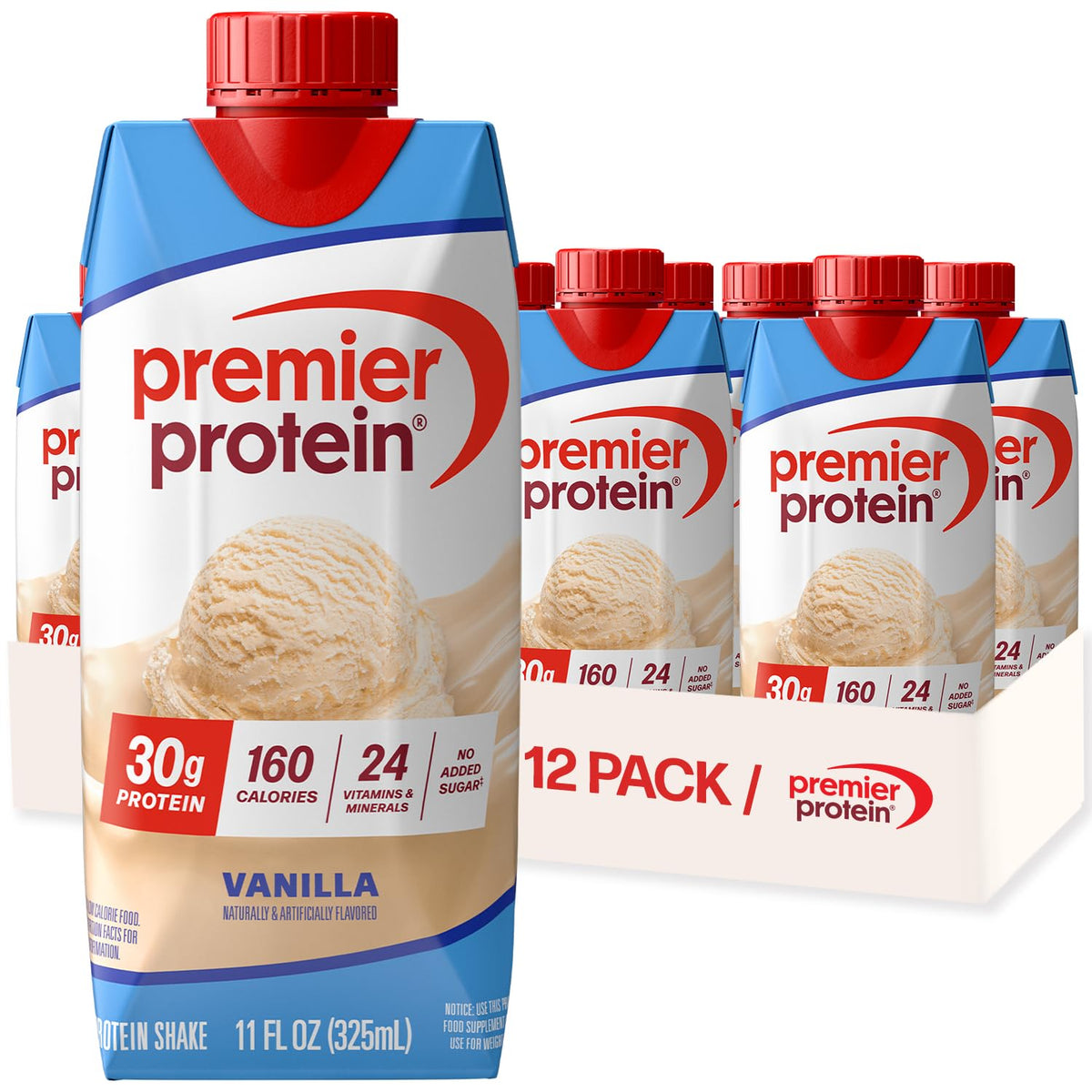 Premier Protein Vanilla protein shake packaging with a 12-pack box in the background.
