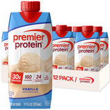 Premier Protein Vanilla protein shake packaging with a 12-pack box in the background.
