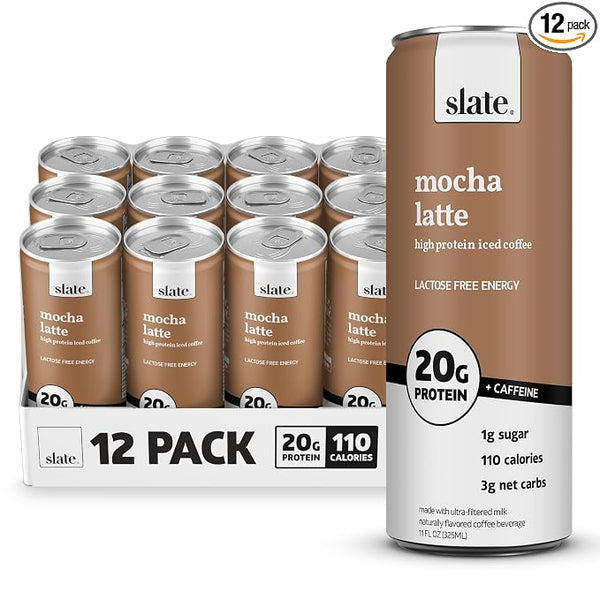 A 12-pack of Slate Mocha Latte high protein iced coffee cans, with one large can shown in front of a tray of twelve smaller cans on a white background.