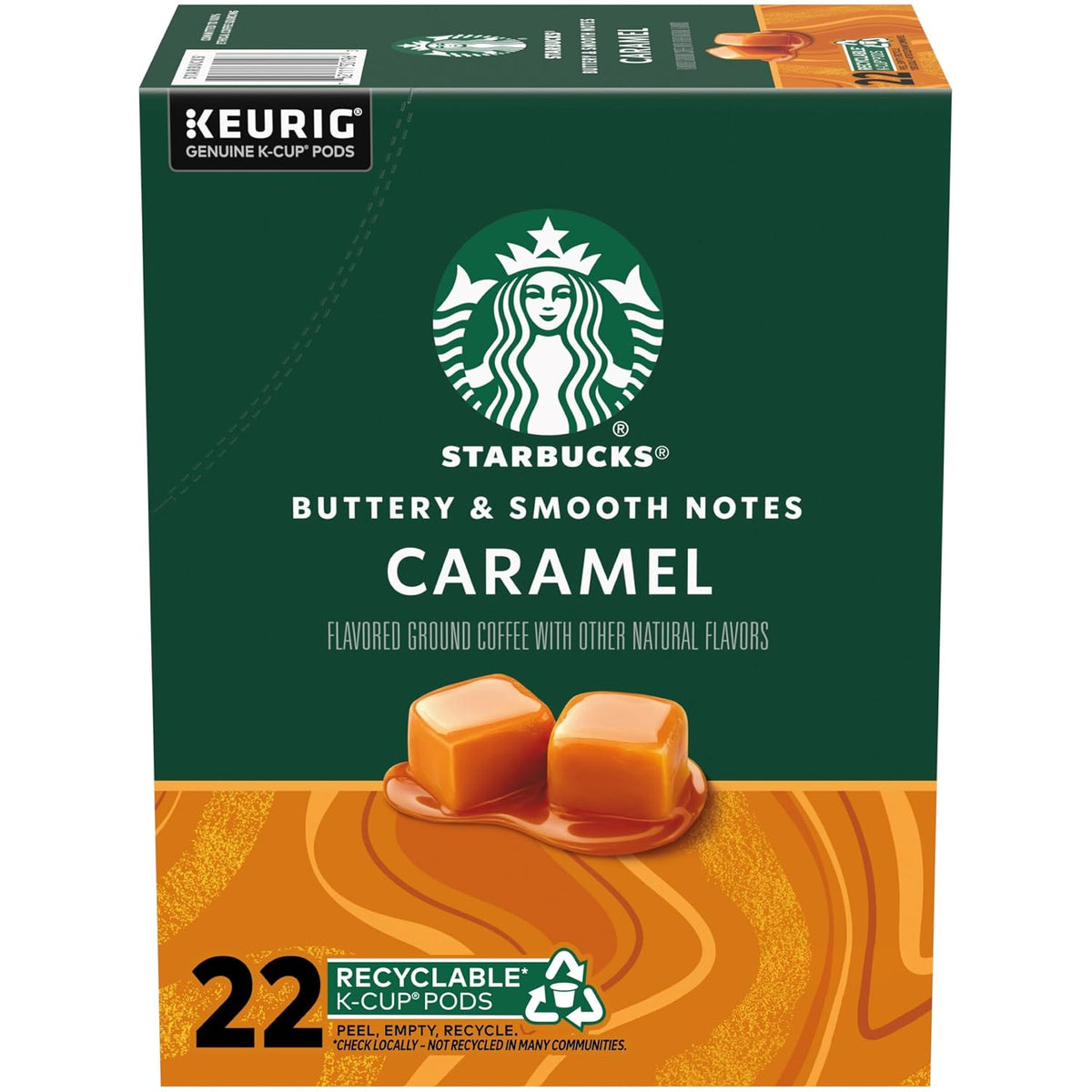 Starbucks Caramel coffee, green and orange 22-count K-Cup box with caramel artwork and white siren logo
