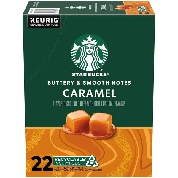 Starbucks Caramel coffee, green and orange 22-count K-Cup box with caramel artwork and white siren logo