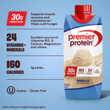 Premier Protein packaging with nutritional information on a blue background