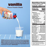Vanilla flavor protein shake being poured into a glass with nutrition facts label on a blue background