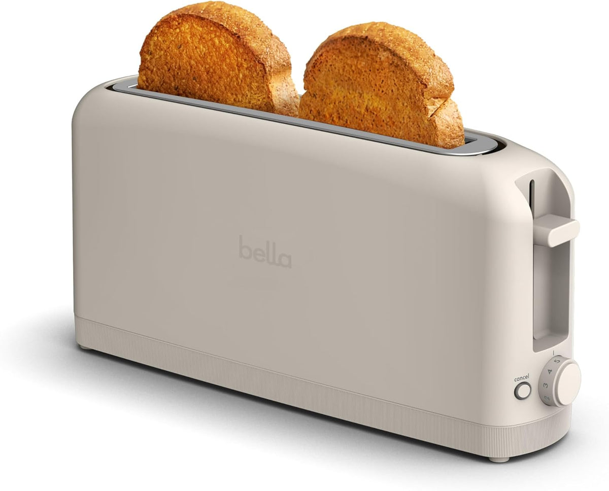 A cream-colored Bella toaster with two slices of toasted bread, shown on a clean white background.