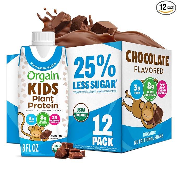 Orgain Kids Plant Protein Chocolate Flavored 12-pack carton and box packaging on a white background with chocolate splashes and chocolate chunks. The front carton shows blue and white design with '25% Less Sugar' and '12 Pack' text, and the side box shows 'Chocolate Flavored' and product details.
