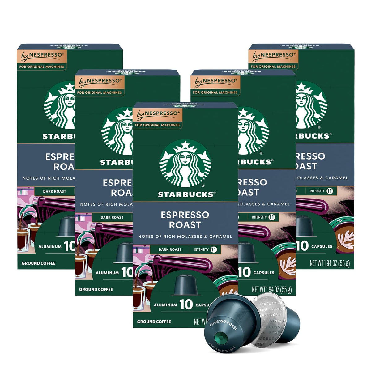 “Five 10-count boxes of Starbucks Espresso Roast Nespresso Original dark roast coffee with capsules in front, 50 count total.”