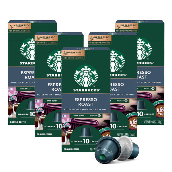 “Five 10-count boxes of Starbucks Espresso Roast Nespresso Original dark roast coffee with capsules in front, 50 count total.”