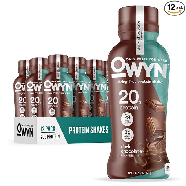 A 12-pack display of OWYN protein shakes in a dark chocolate flavor, featuring one large bottle in the foreground and a carton of twelve bottles behind it on a white background.
