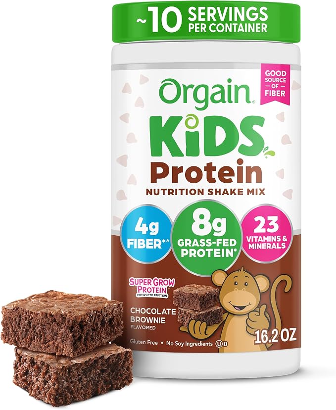 Orgain Kids chocolate brownie protein powder 1 lb container, front view, 8g protein