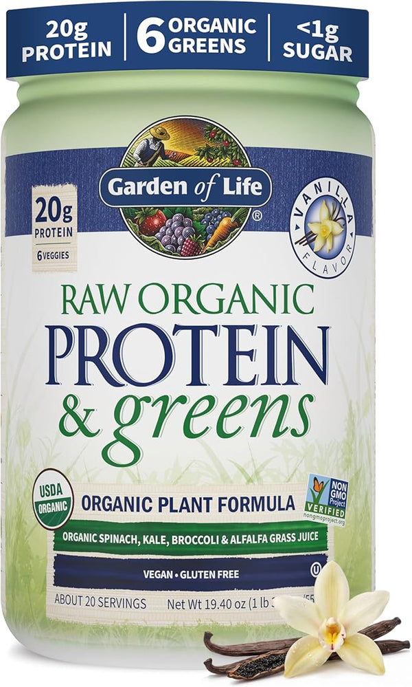 Garden of Life Raw Organic Protein & Greens vanilla-flavored powder in a white and green jar with blue accents, shown on a white background with vanilla flower and bean props at the bottom.