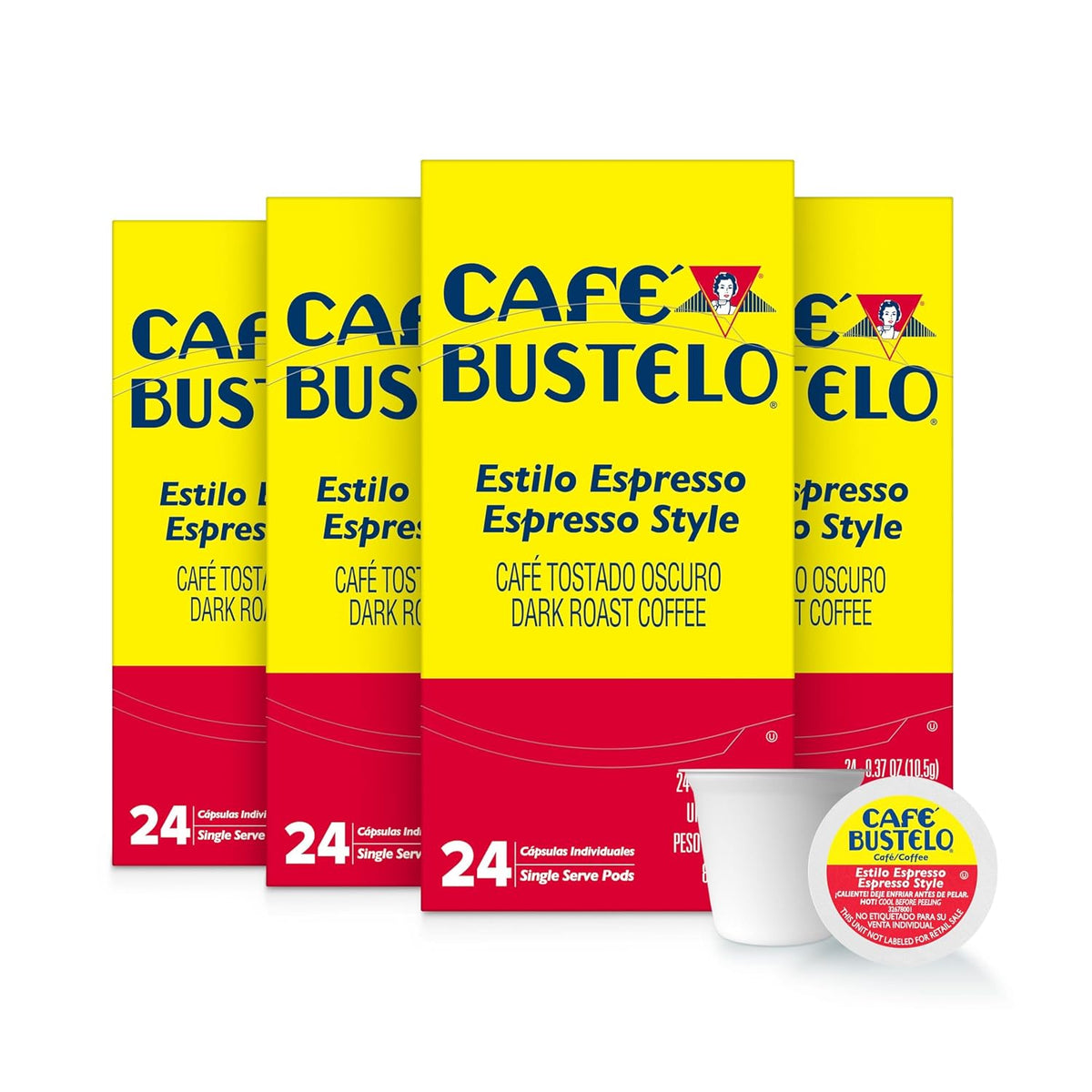 Café Bustelo espresso-style dark roast coffee, four yellow and red 24-count boxes with two single-serve pods