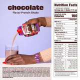 Chocolate flavor protein shake being poured into a glass with nutrition facts label on the right.