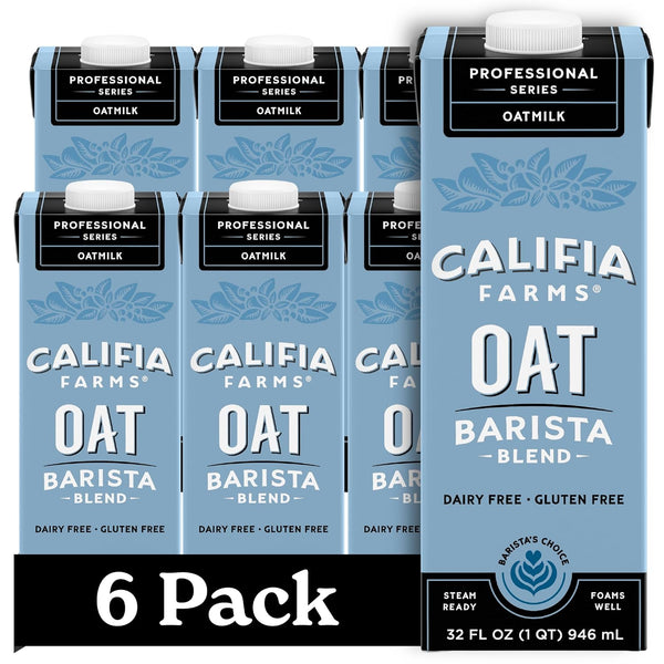 A 6-pack display of Califia Farms Professional Series Oat Barista Blend milk cartons, showing the front and side packaging on a white background with a black '6 Pack' banner at the bottom.
