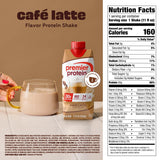 Premier Protein Cafe Latte flavor protein shake with nutrition facts label