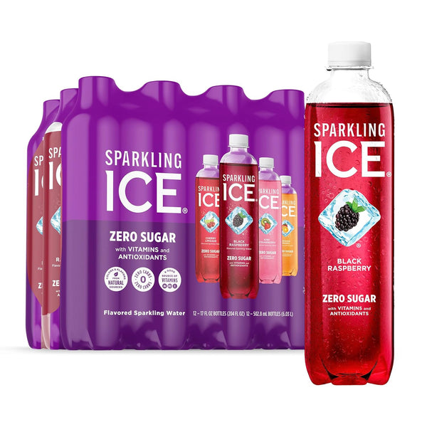 Packaging of Sparkling Ice zero sugar flavored sparkling water with a red bottle on a white background.