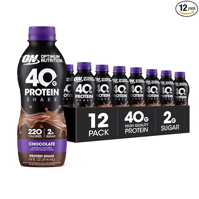 Optimum Nutrition chocolate protein shake 14 fl oz bottle, front view, 40g protein