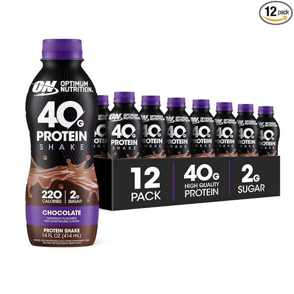 Optimum Nutrition chocolate protein shake 14 fl oz bottle, front view, 40g protein