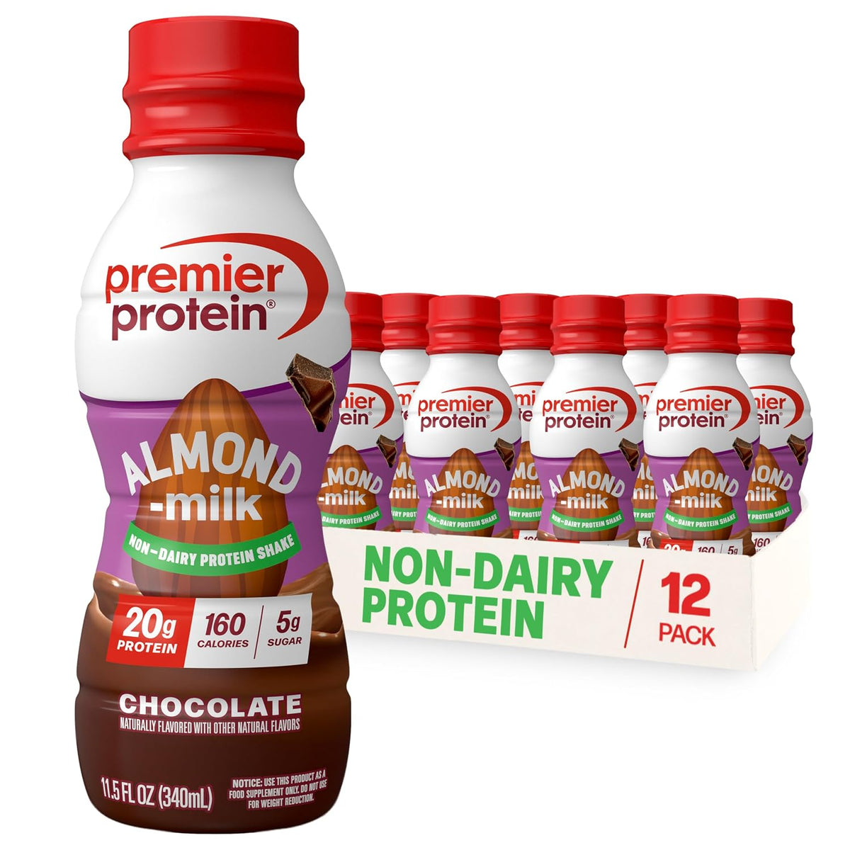 Premier Protein Non-Dairy Almondmilk Protein Shake, Chocolate, 20g Protein, 11.5 oz (12 Pack)