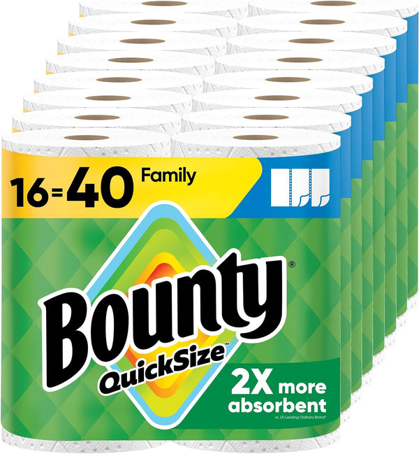 A pack of 16 rolls of Bounty QuickSize paper towels, arranged in a staggered row. The packaging is predominantly green with a yellow banner at the top left and blue accents, featuring the prominent Bounty logo.