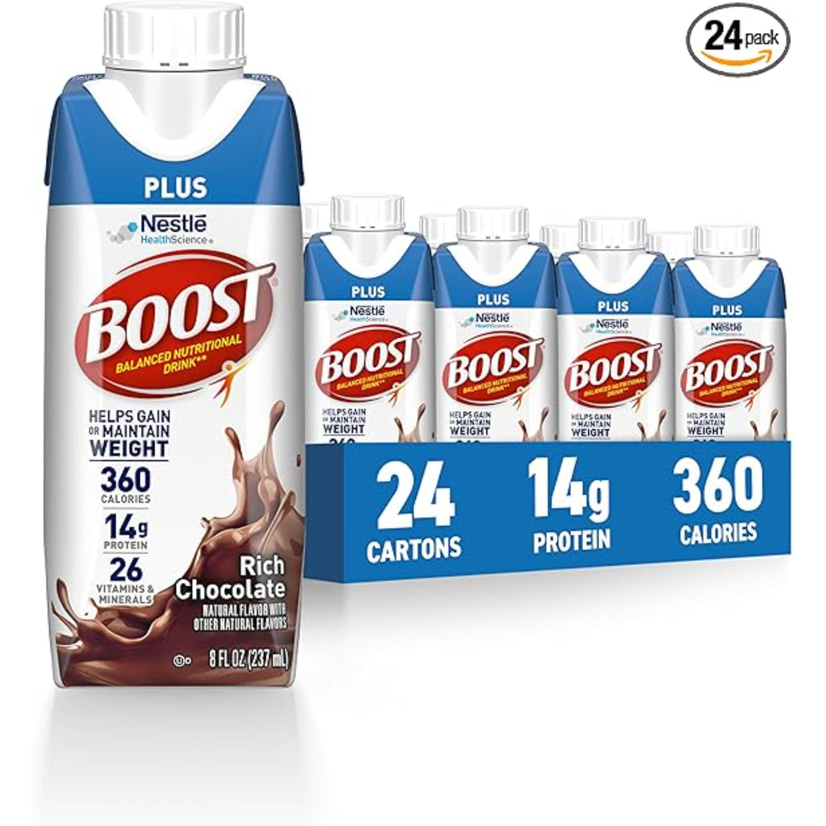 BOOST Plus Nutritional Drink, Rich Chocolate, 8 fl oz (Pack of 24)